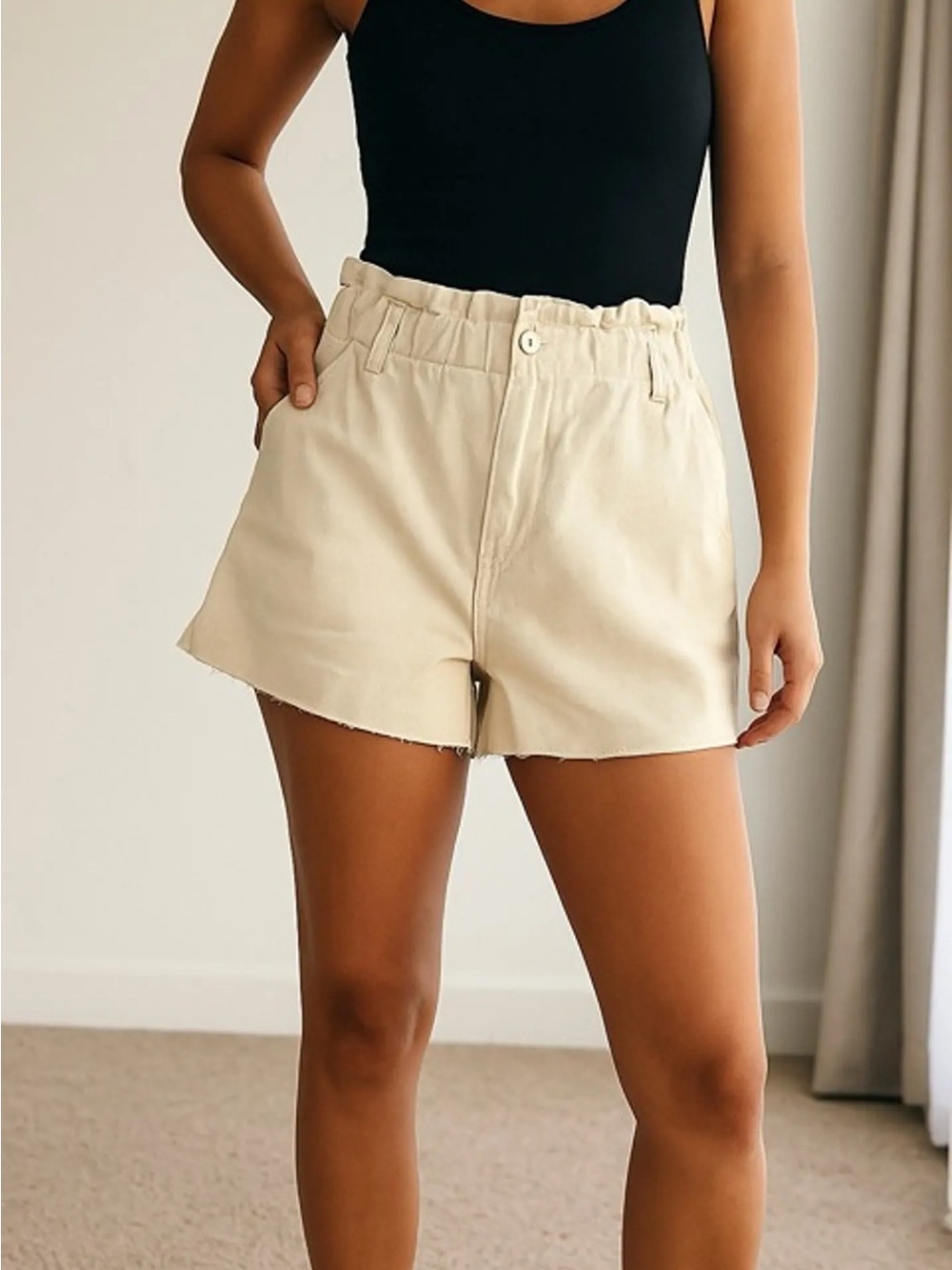 Zara Cream High-Waist Paperbag Shorts